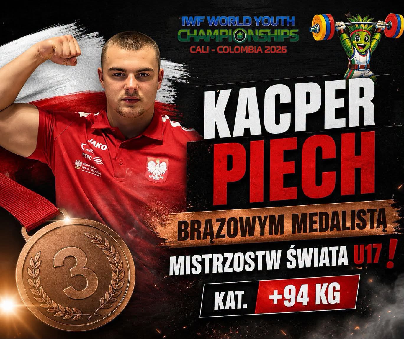 Grafika przedstawiająca Kacpra z napisami informującymi o kategorii i wadze oraz pokazująca brązowy medal